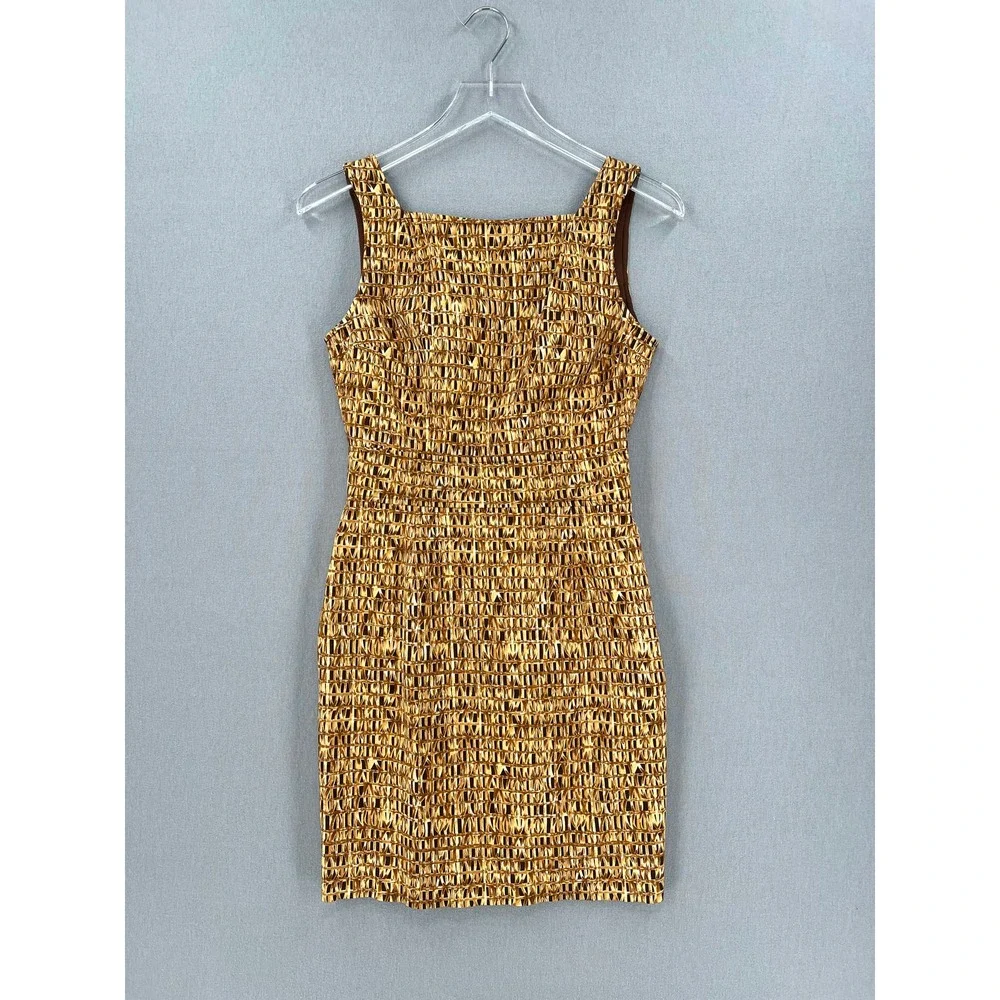 CHETTA B Vintage Dress Womens 4 Tan Brown Cotton Square Neck Sleeveless Sheath - Picture 7 of 16